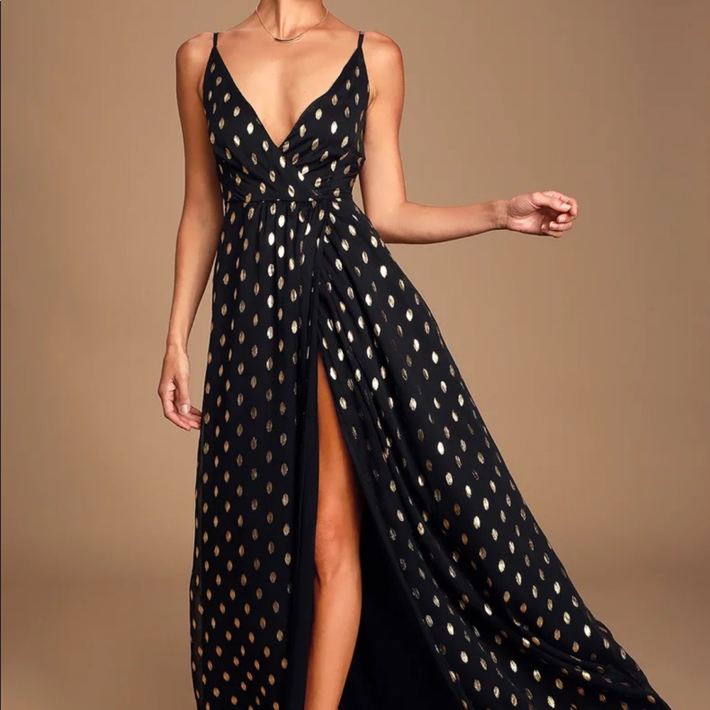 Black and gold polka dot sleeveless maxi dress